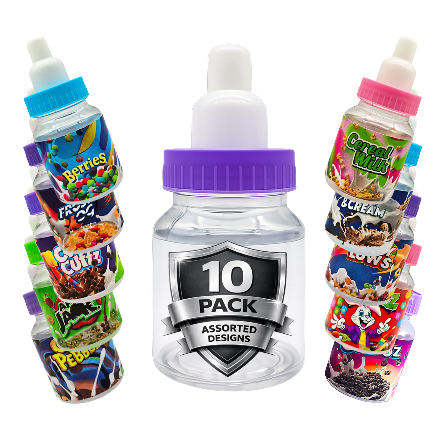10 Pack 3.5g Bottle-Style Plastic Containers – Assorted Graphic Designs | Stash & Flower Packaging