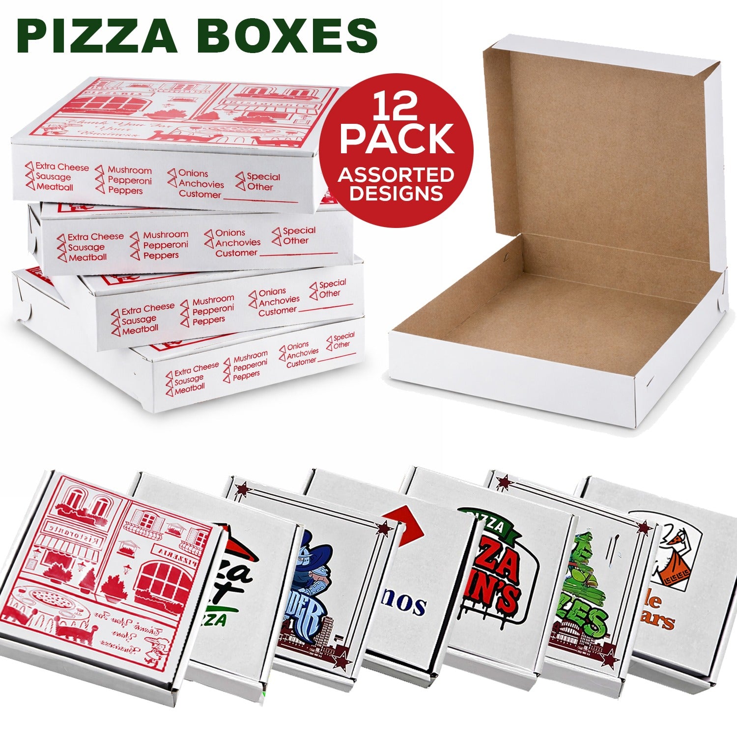 12 Pack – 3.5g Pizza Shaped Mylar Bags & Matching Boxes Set - Assorted Designs