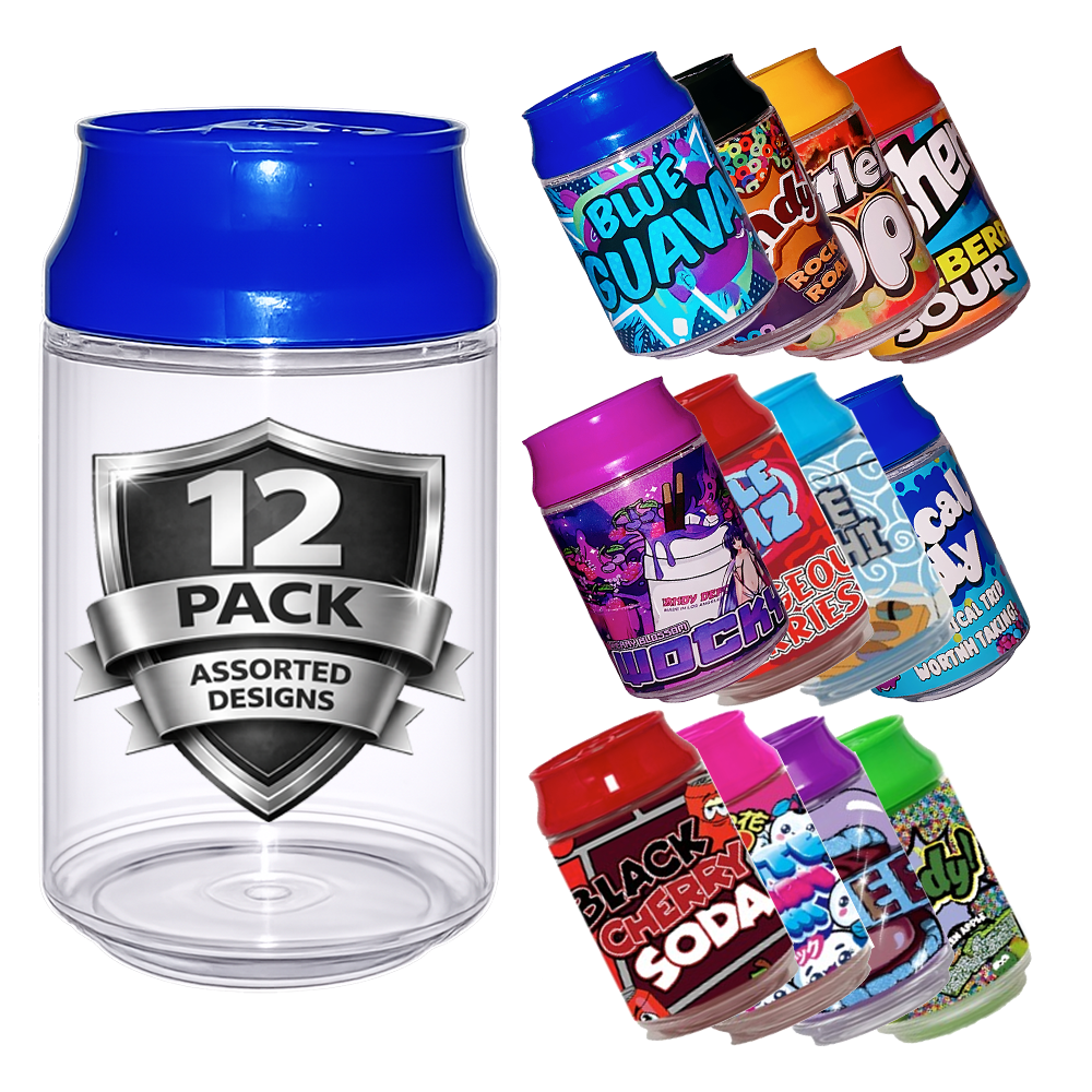 12 Pack - 3.5g Soda Can Style Plastic Stash Containers with Lids – Assorted Designs