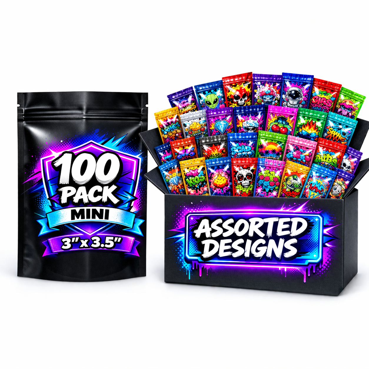 100 Pack 1g Mini (3" x 3.5") Resealable Mylar Pouches – Mystery Bundle Assorted Designs