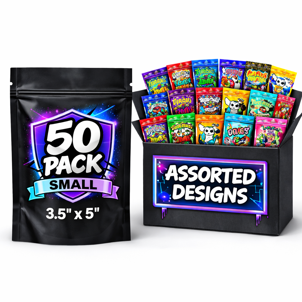 50 Pack 3.5g Small (3.5" x 5") Premium Mylar Bags – Mystery Bundle Assorted Designs