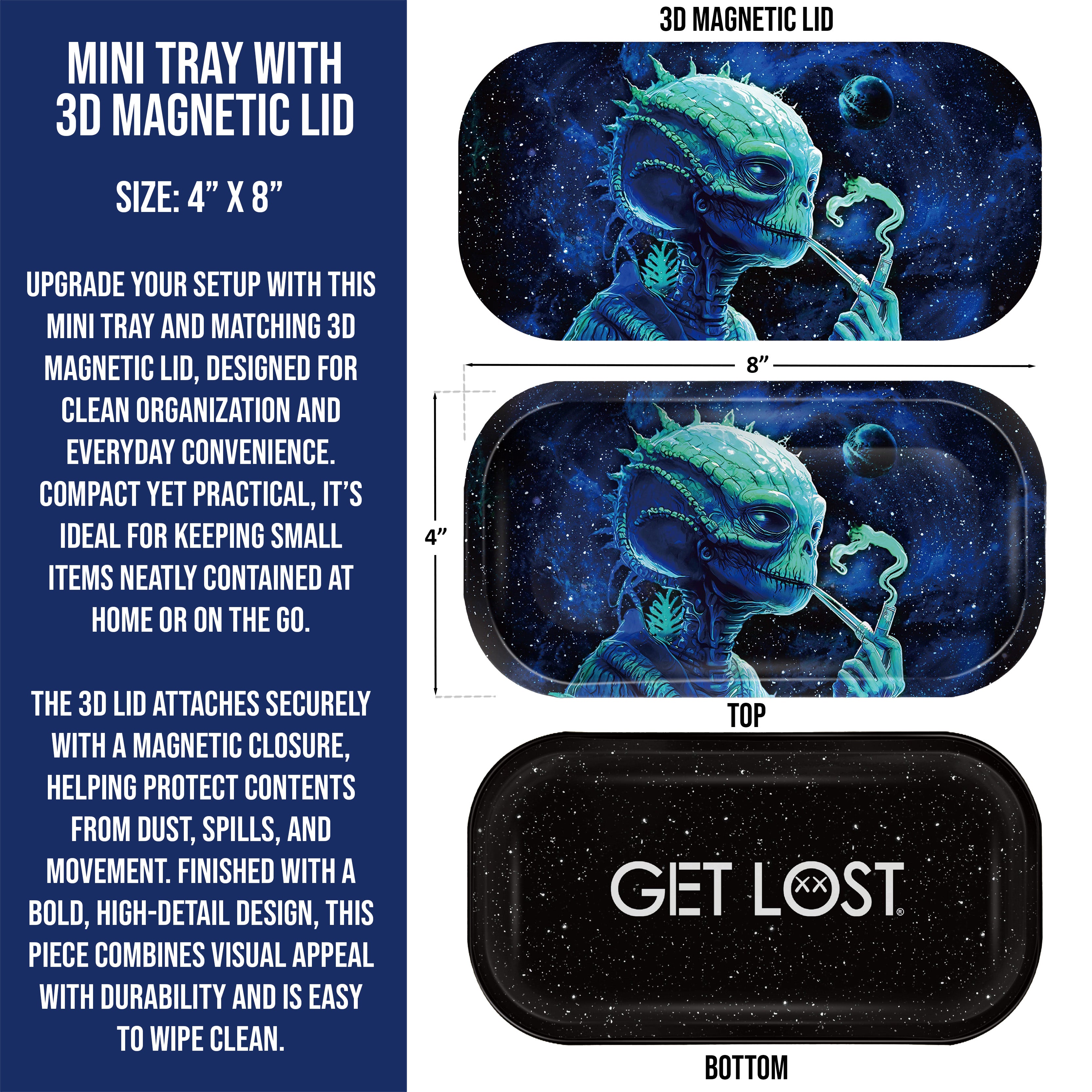 Mini Magnetic 3D Tray with Lid - Get Lost Green Alien Smoking