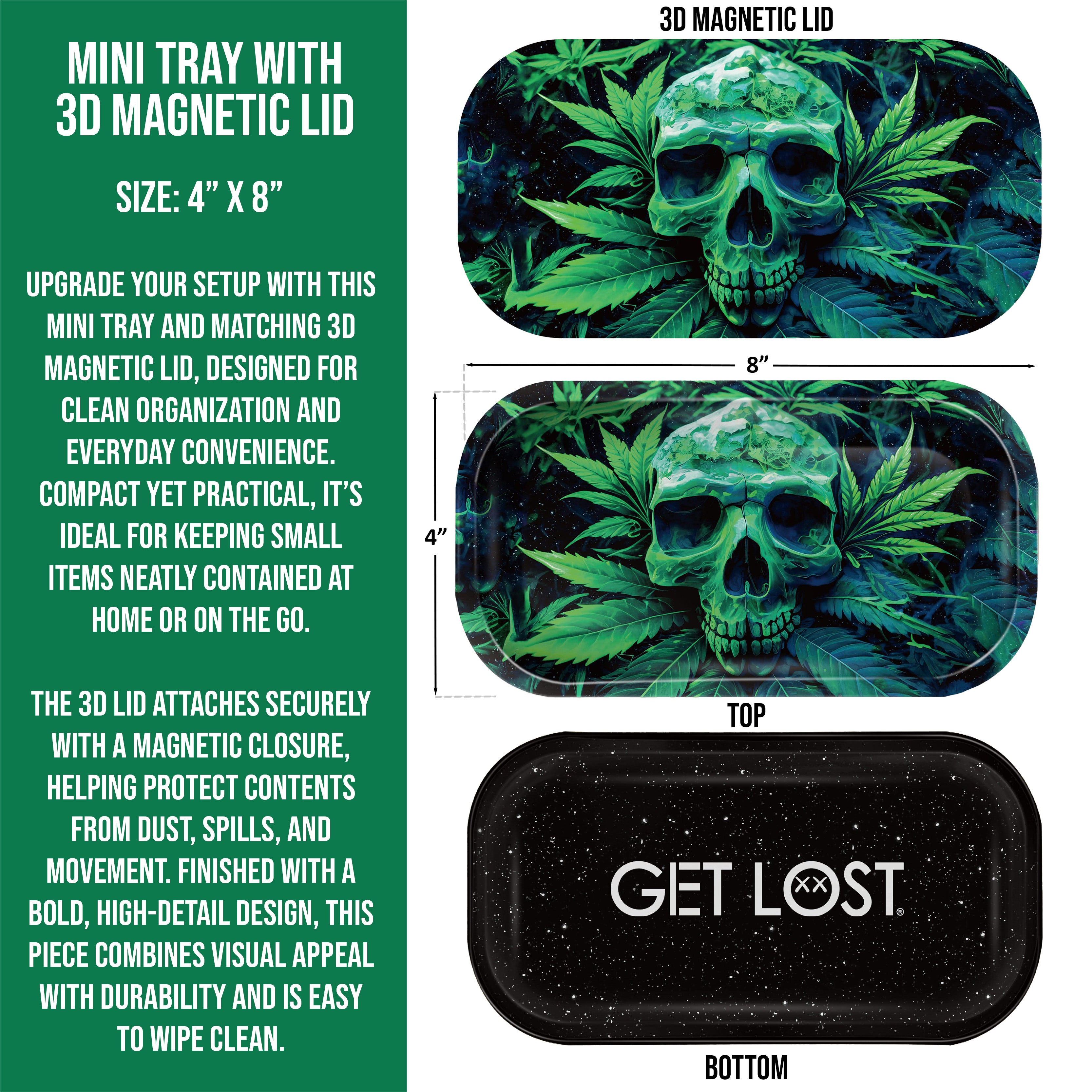 Mini Magnetic 3D Tray with Lid - Get Lost Green Skull