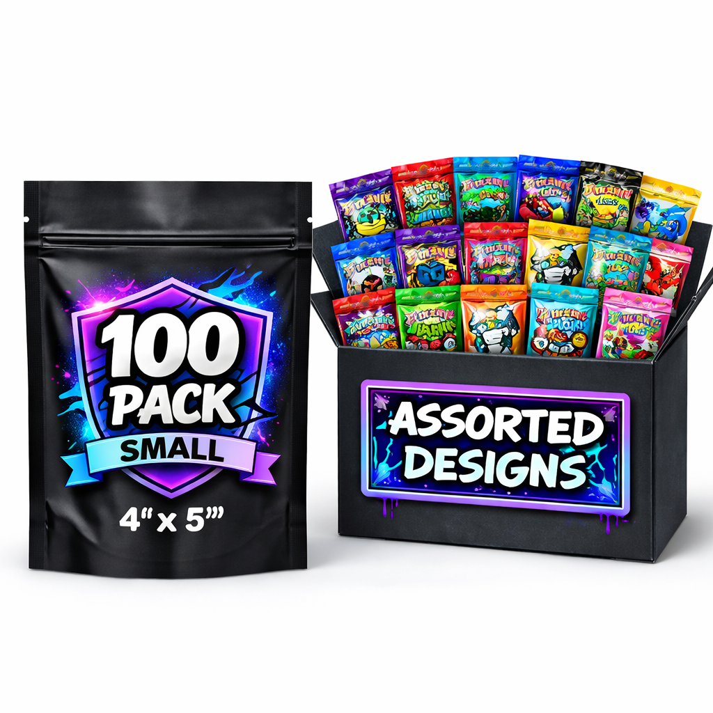 100 Pack 3.5g Small (3.5" x 5") Premium Mylar Bags – Mystery Bundle Assorted Designs