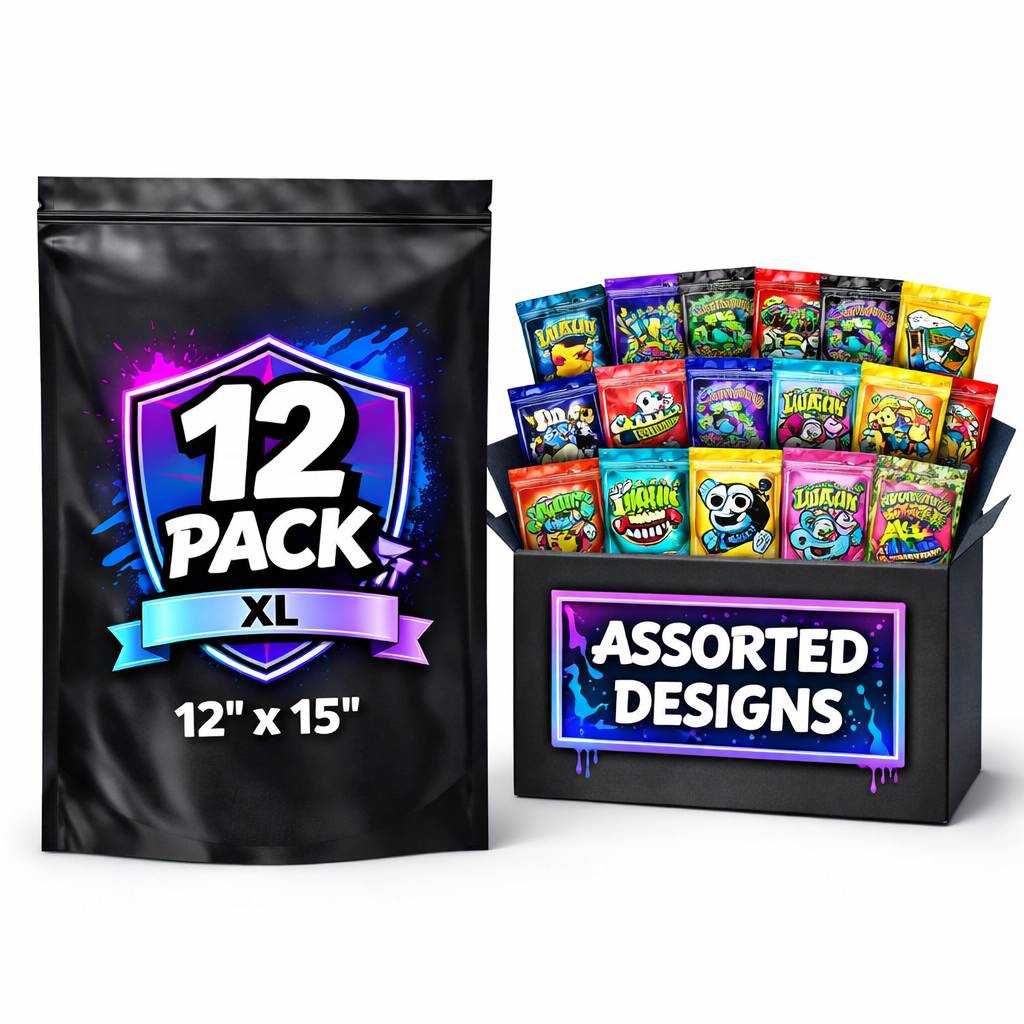 12 Pack 1lb (12" x 15") Extra Large Mylar Storage Bags – Mystery Bundle Assorted Designs
