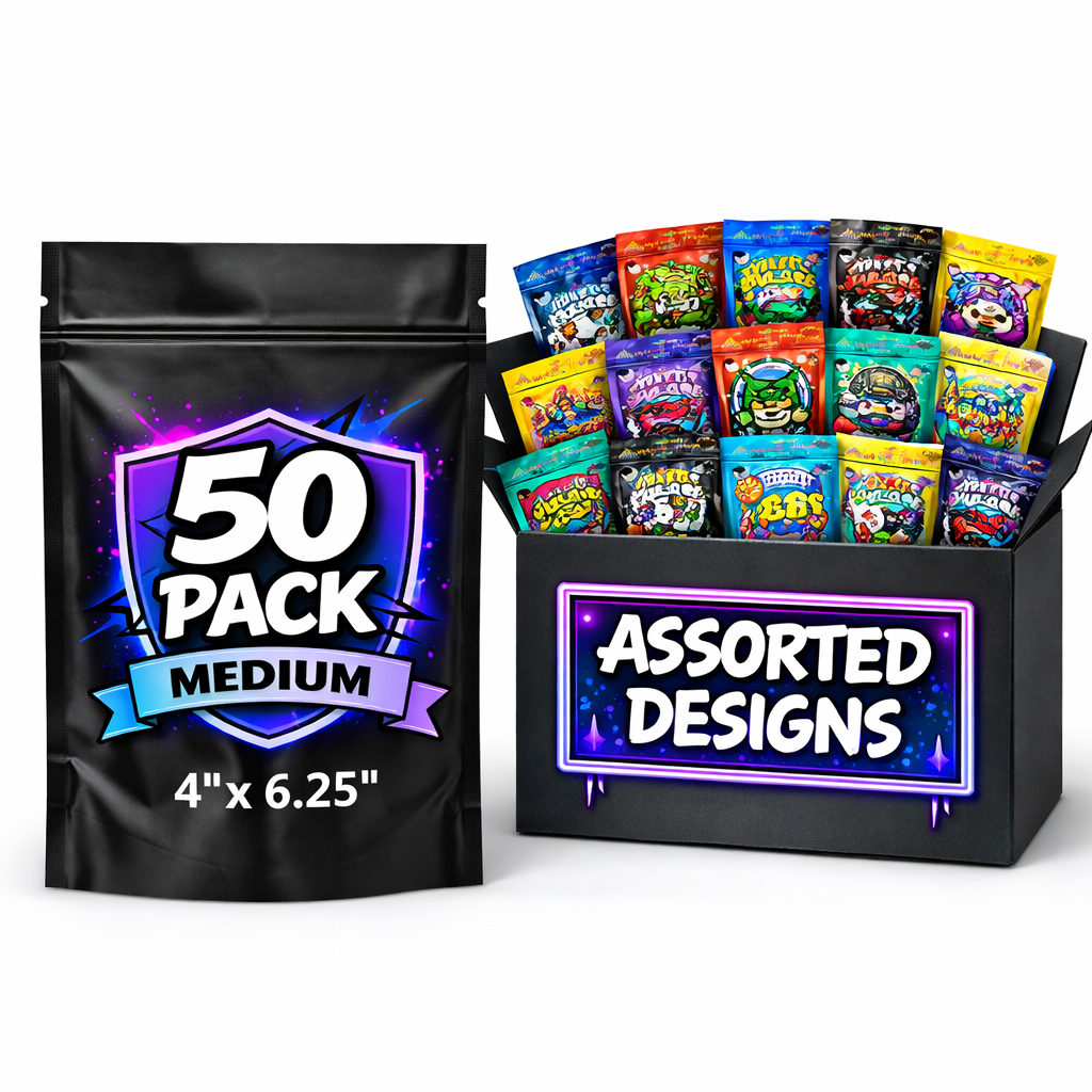 50 Pack 7g Medium (4" x 6.25") Mylar Bags – Mystery Bundle Assorted Designs