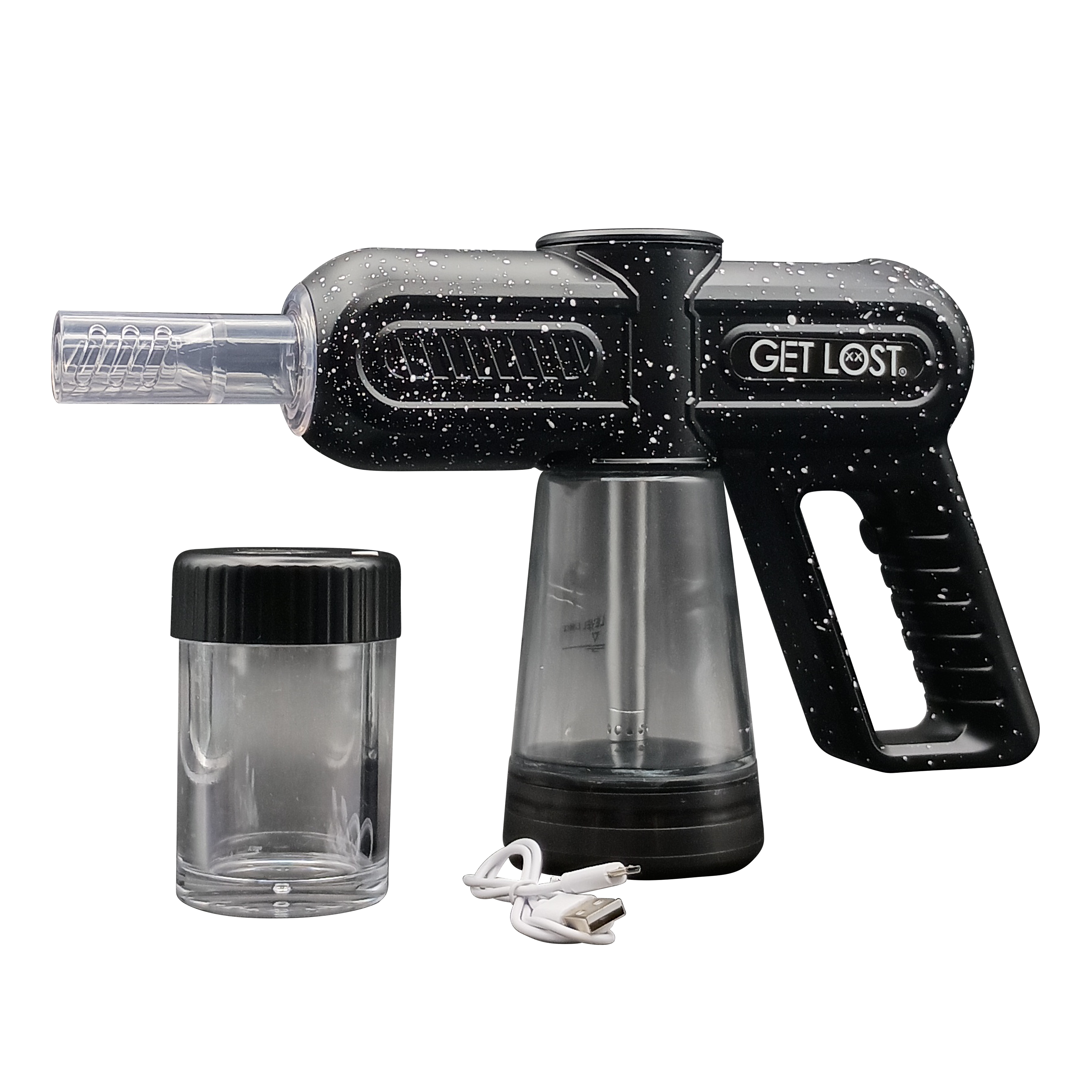 A black herb smoke blower gun with a clear glass bowl and a lid, alongside a small glass jar with a lid.