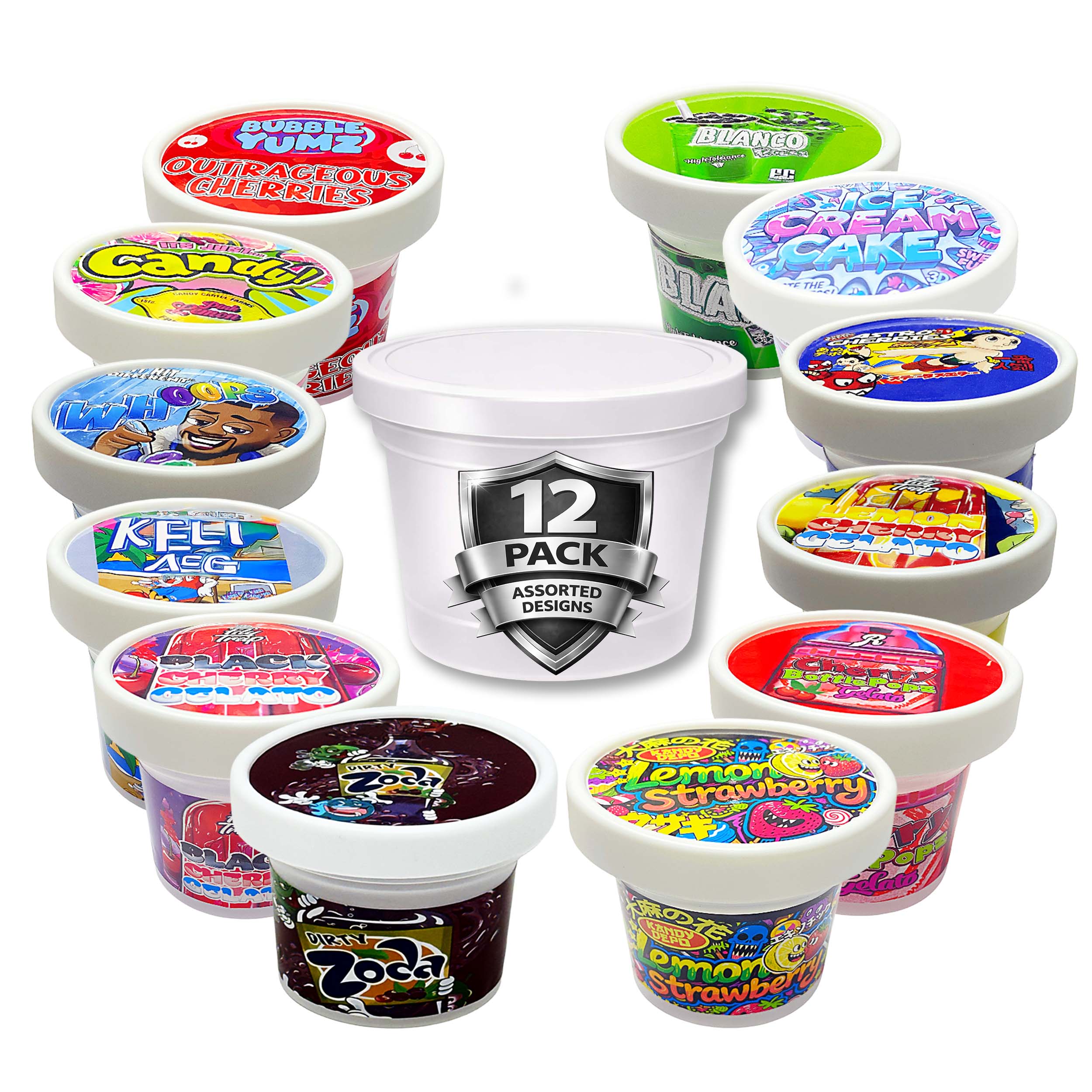12 Pack – 3.5g Mystery Exotic Ice Cream Pint Style Plastic Storage Containers - Random Designs