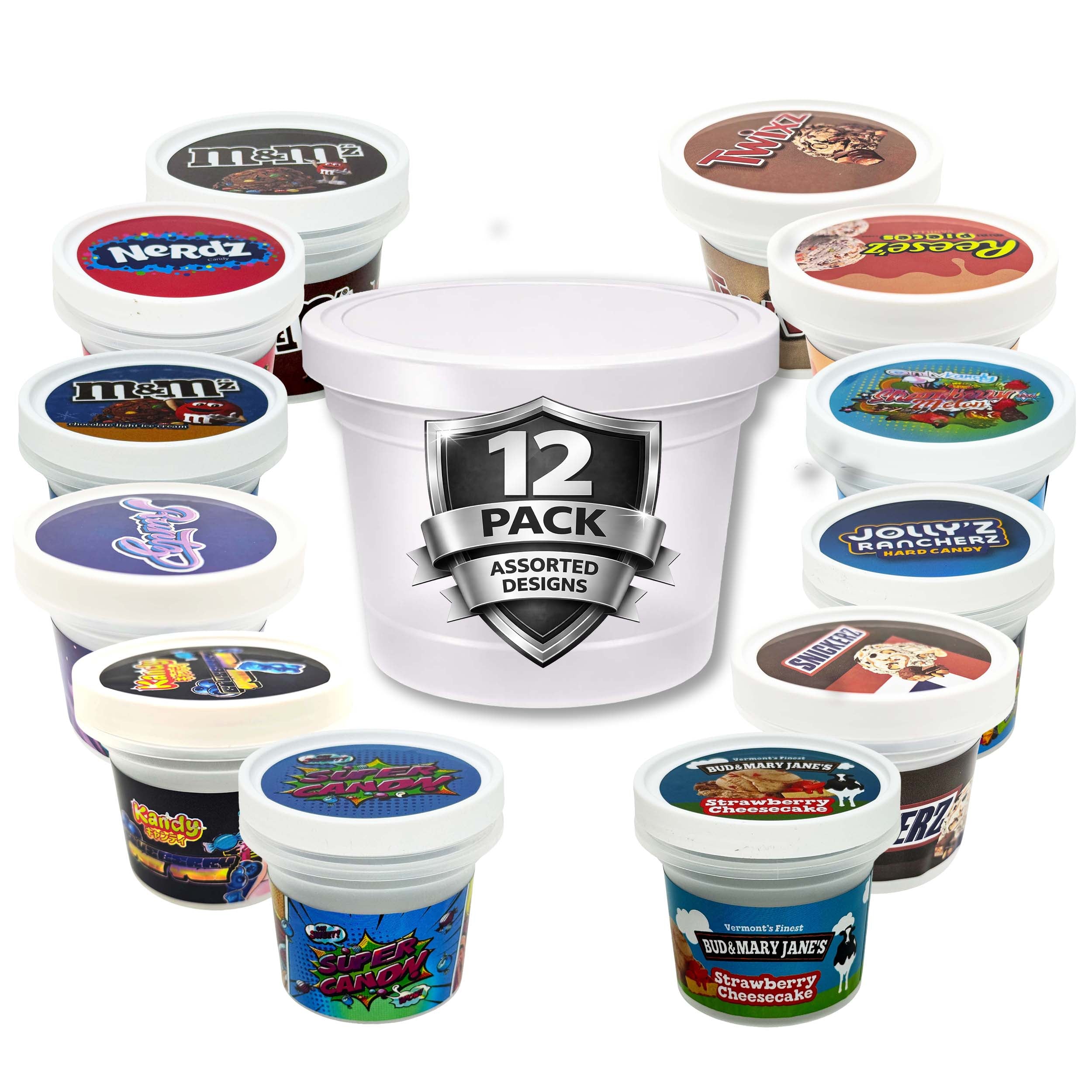 12 Pack – 3.5g Mystery Popular Ice Cream Pint Style Plastic Storage Containers - Random Designs