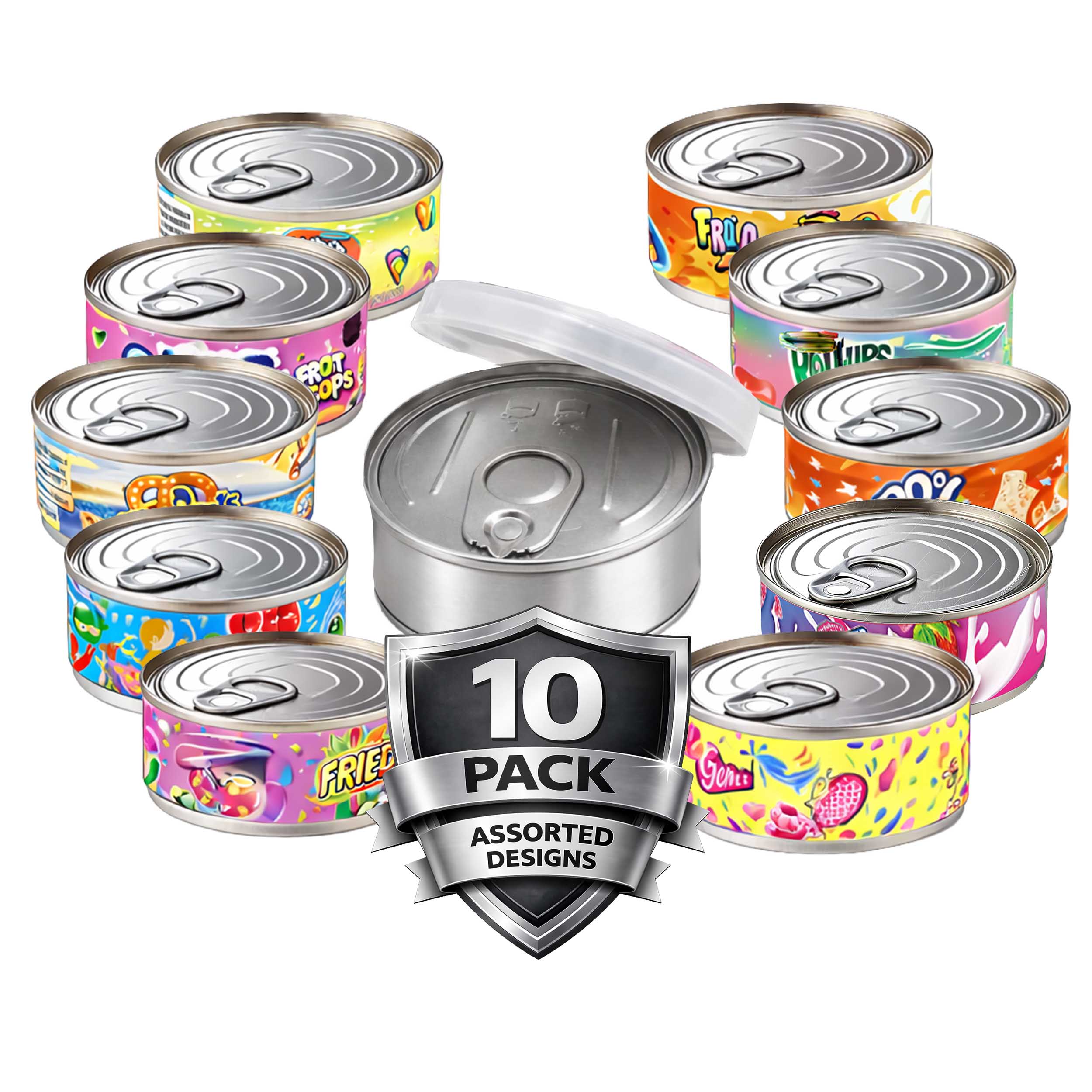 10 Pack 3.5g Pull-Top Tin Can Storage Containers – Mystery Bundle Assorted Designs