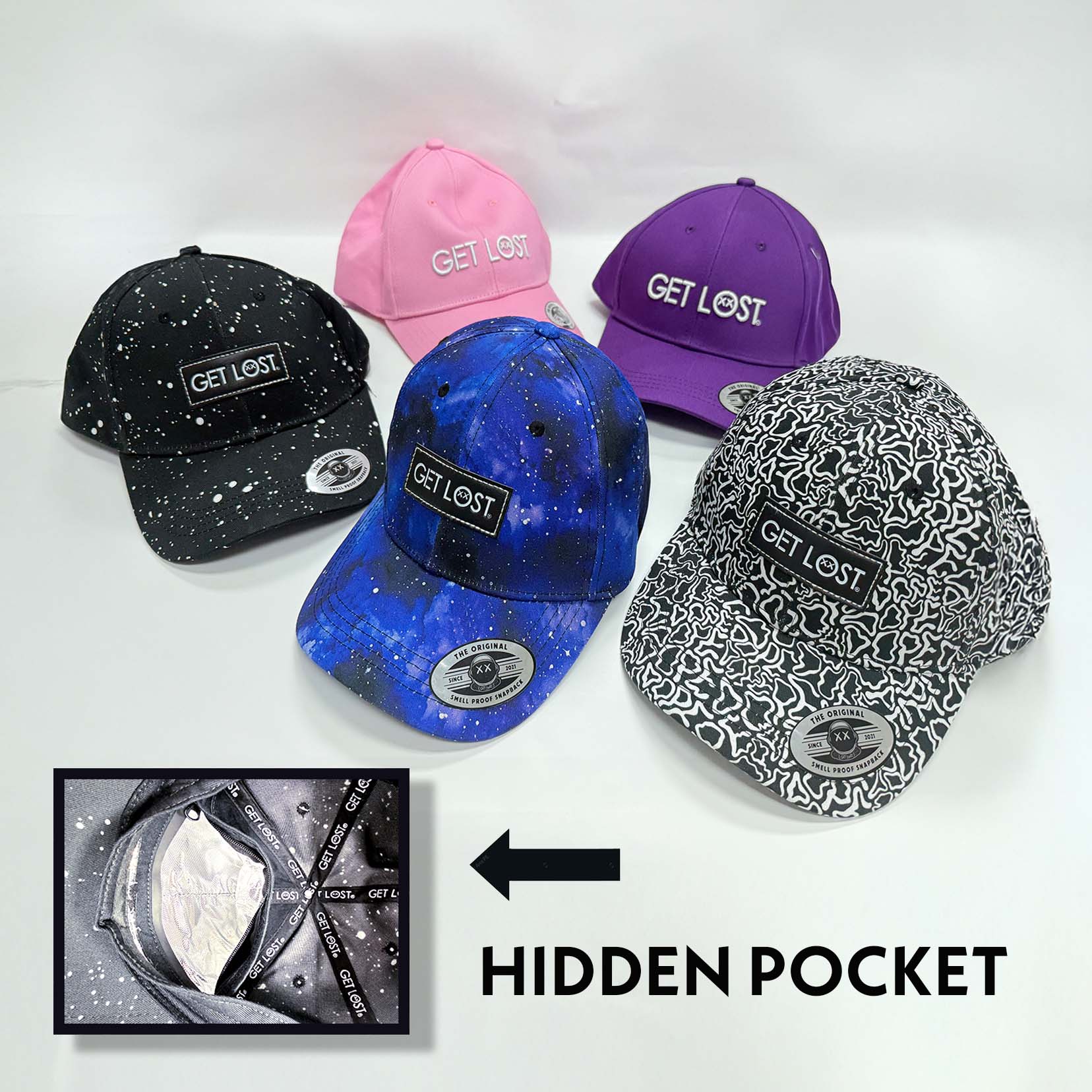 Get Lost Hidden Pocket Cap – Assorted Patterns Streetwear Hats with Discreet Storage (Over 8 Styles Available)