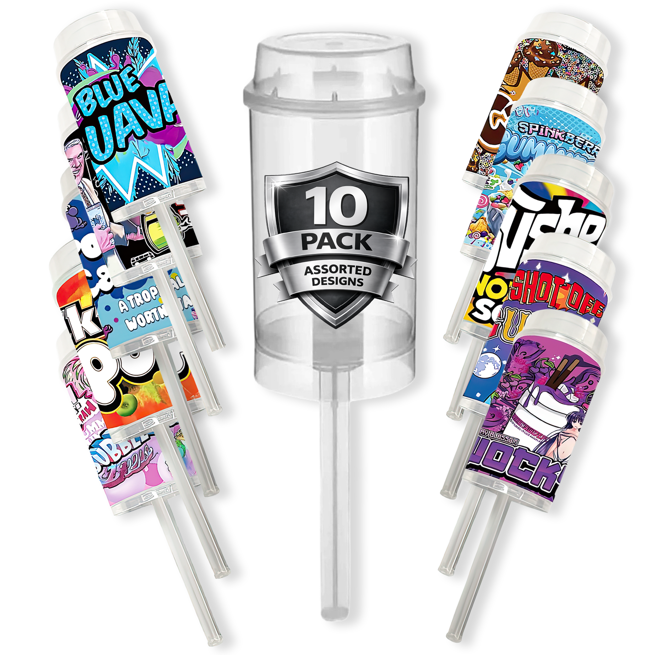 10 Pack – 3.5g Push-Up Plastic Stash Containers – Assorted Designs