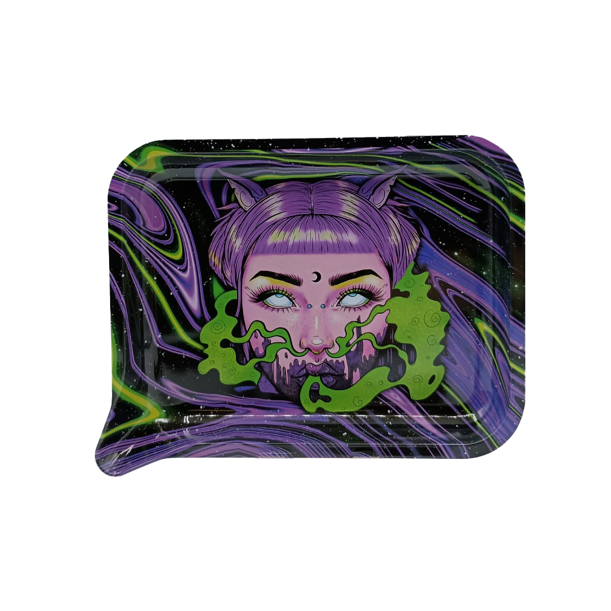 Get Lost Medium Funnel Rolling Tray with 3D Magnetic Lid (Get Lost Purple Hair Devil Girl Green Smoke)
