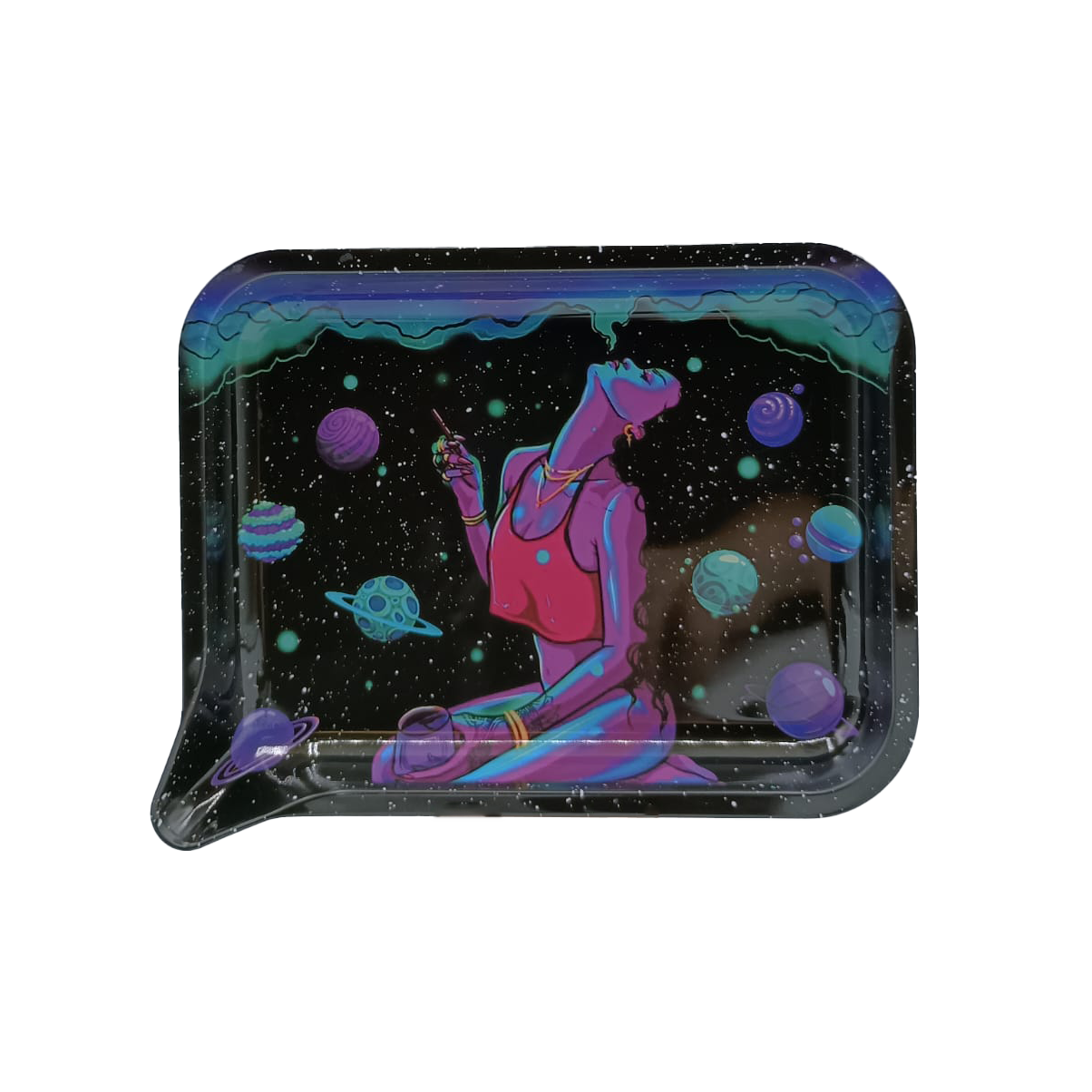 Get Lost Medium Funnel Rolling Tray with 3D Magnetic Lid (Get Lost Woman Smoking on Planets)