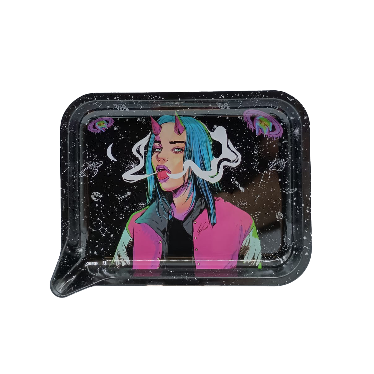 Get Lost Small 3D Rolling Tray With Magnetic Lid Cover (Devil Girl Blue Hair Smoking)