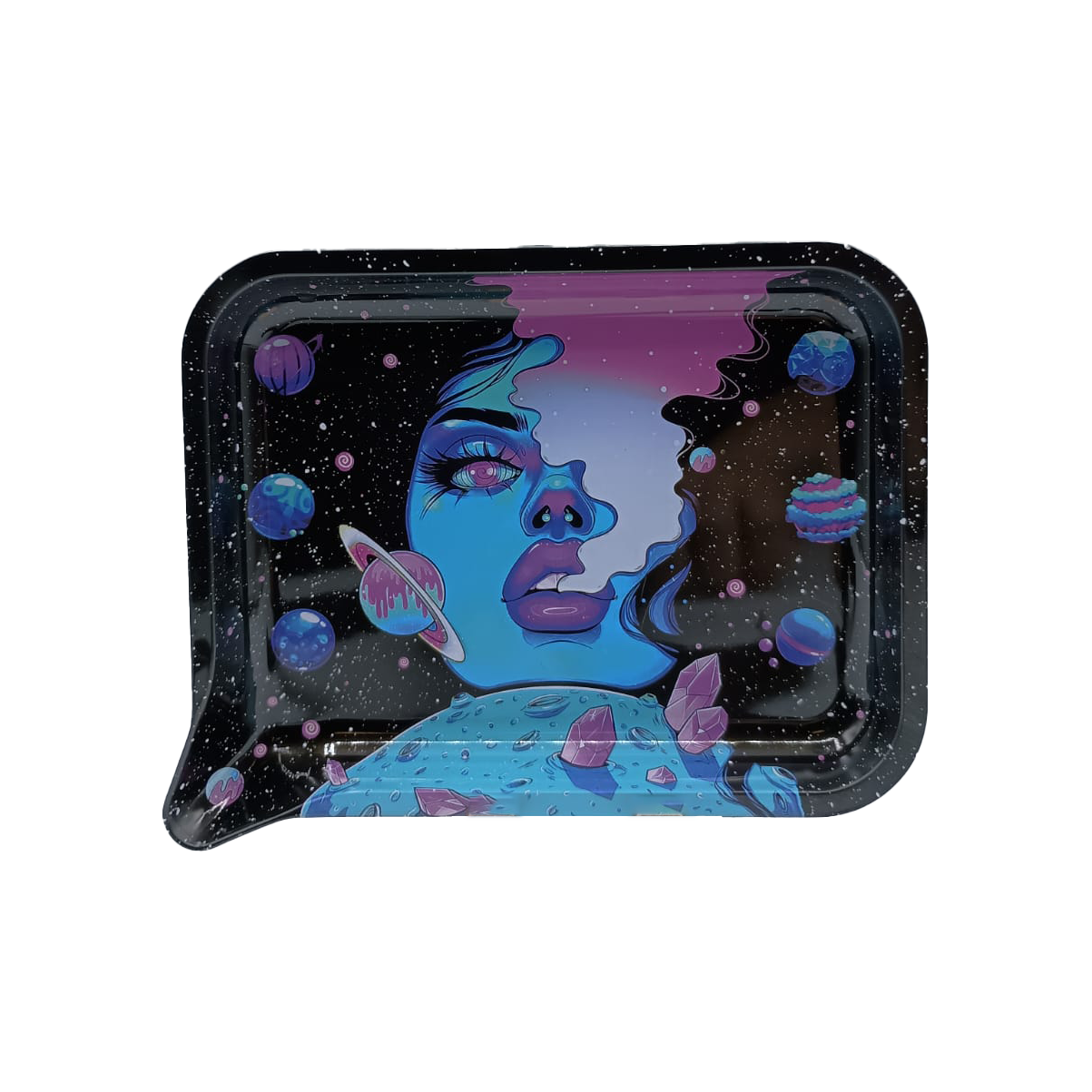 Get Lost Medium Funnel Rolling Tray with 3D Magnetic Lid (Get Lost Galaxy Blue Smoking Girl)