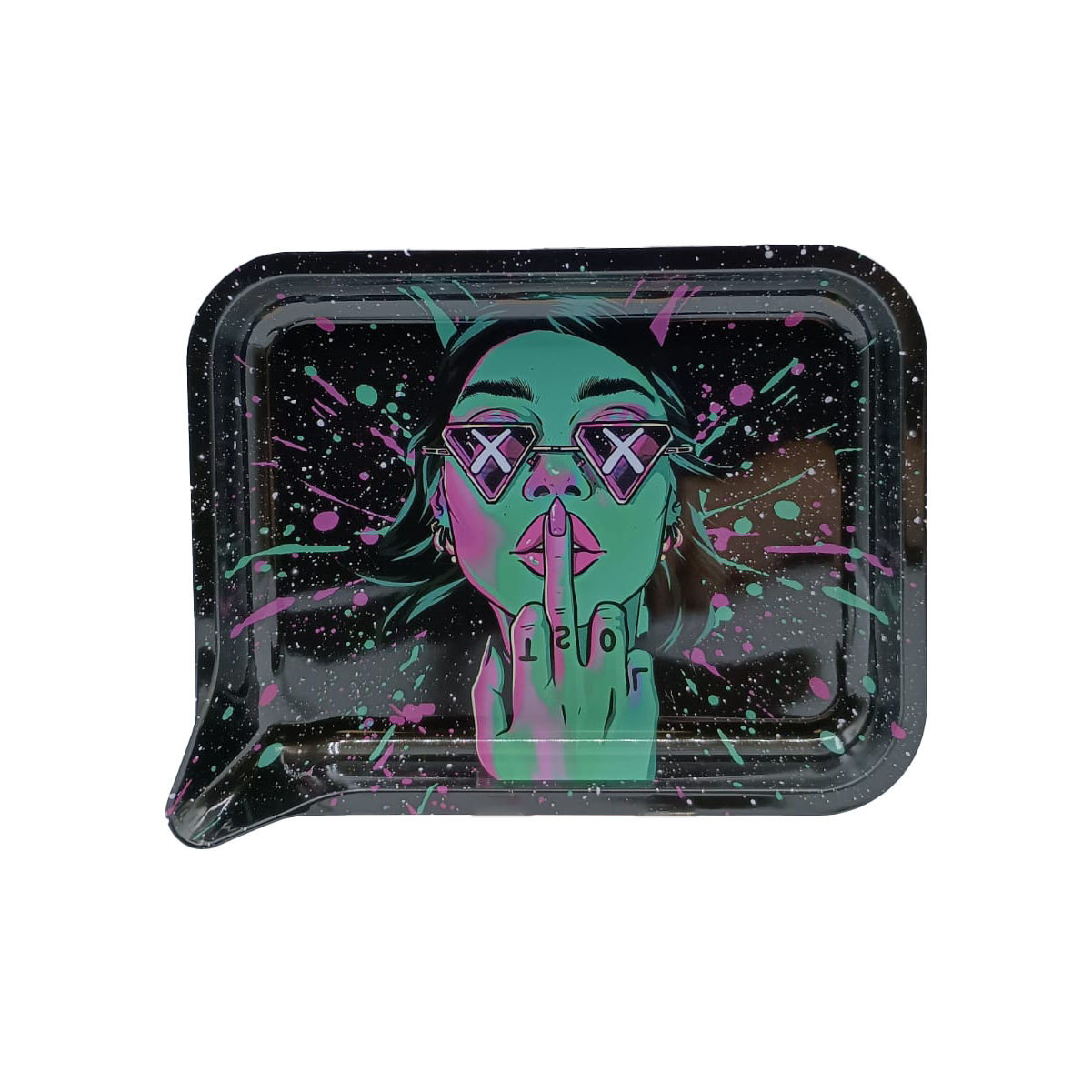 Get Lost Medium Funnel Rolling Tray with 3D Magnetic Lid (Get Lost Green Girl Middle Finger)