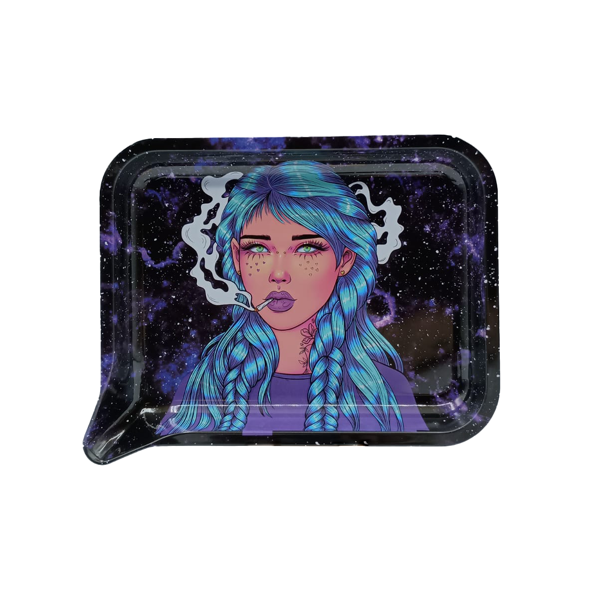 Get Lost Small 3D Rolling Tray With Magnetic Lid Cover (Blue Long Hair Girl Smoking)