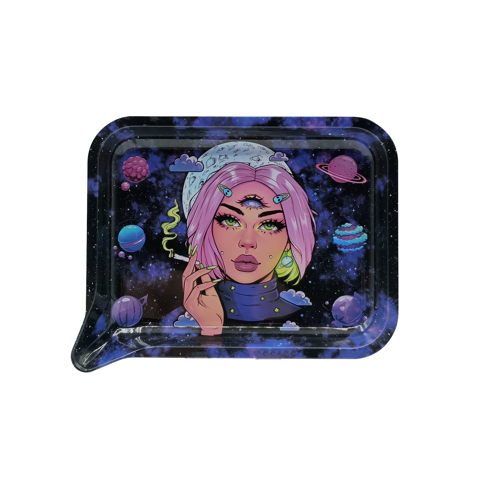 Small 3D Rolling Tray With Magnetic Lid Cover (Pink Hair Girl Smoking)