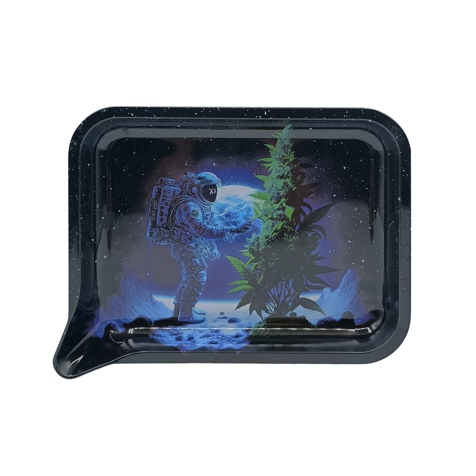 Get Lost Small 3D Rolling Tray With Magnetic Lid Cover (Astronaut Weed Tree)